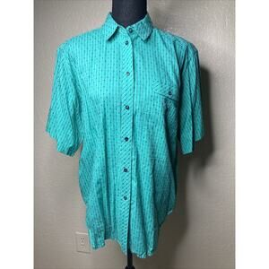 90s Liz Sport Top Teal Textured Short Sleeve Button Womens Medium